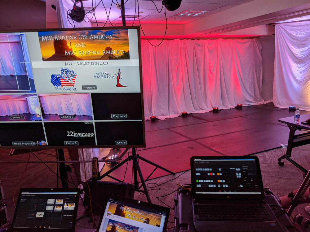 Livestreaming video production studio space for virtual conference